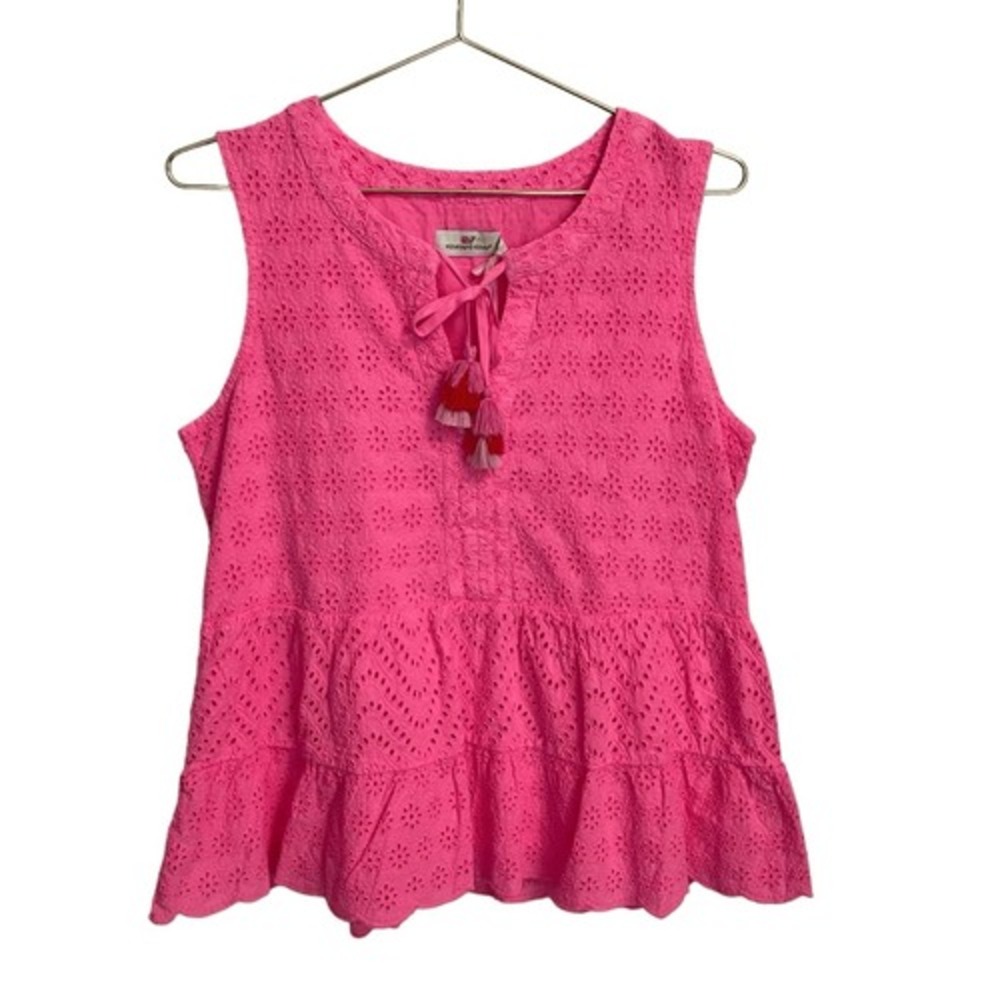 Vineyard Vines Pink Eyelet Tassel Tie Tiered Sleeveless Peplum Top Small